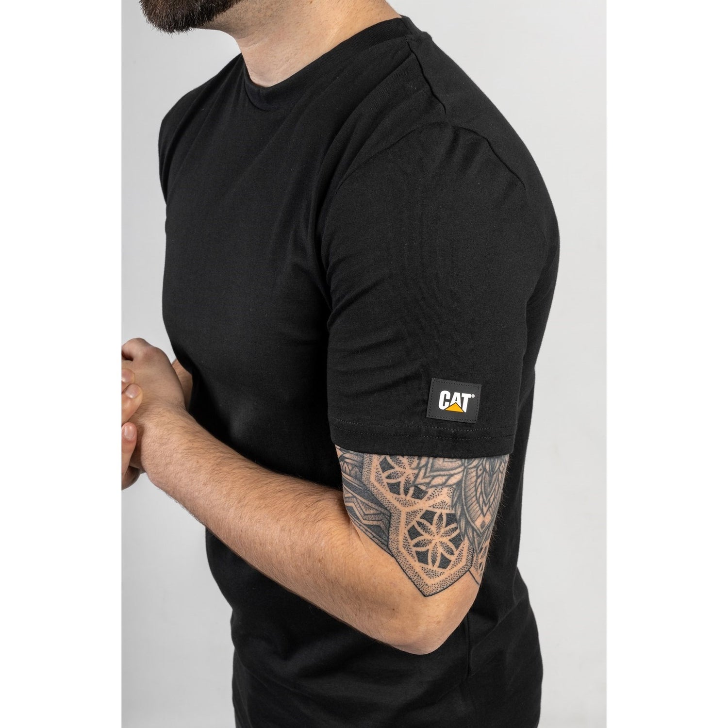 Caterpillar Essentials Short Sleeve T Shirt. Black. Side View.