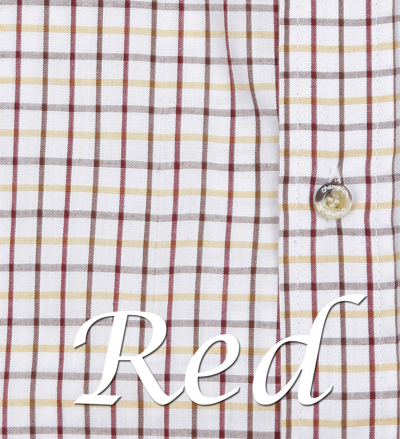 red tattersall check pattern for short sleeved shirts