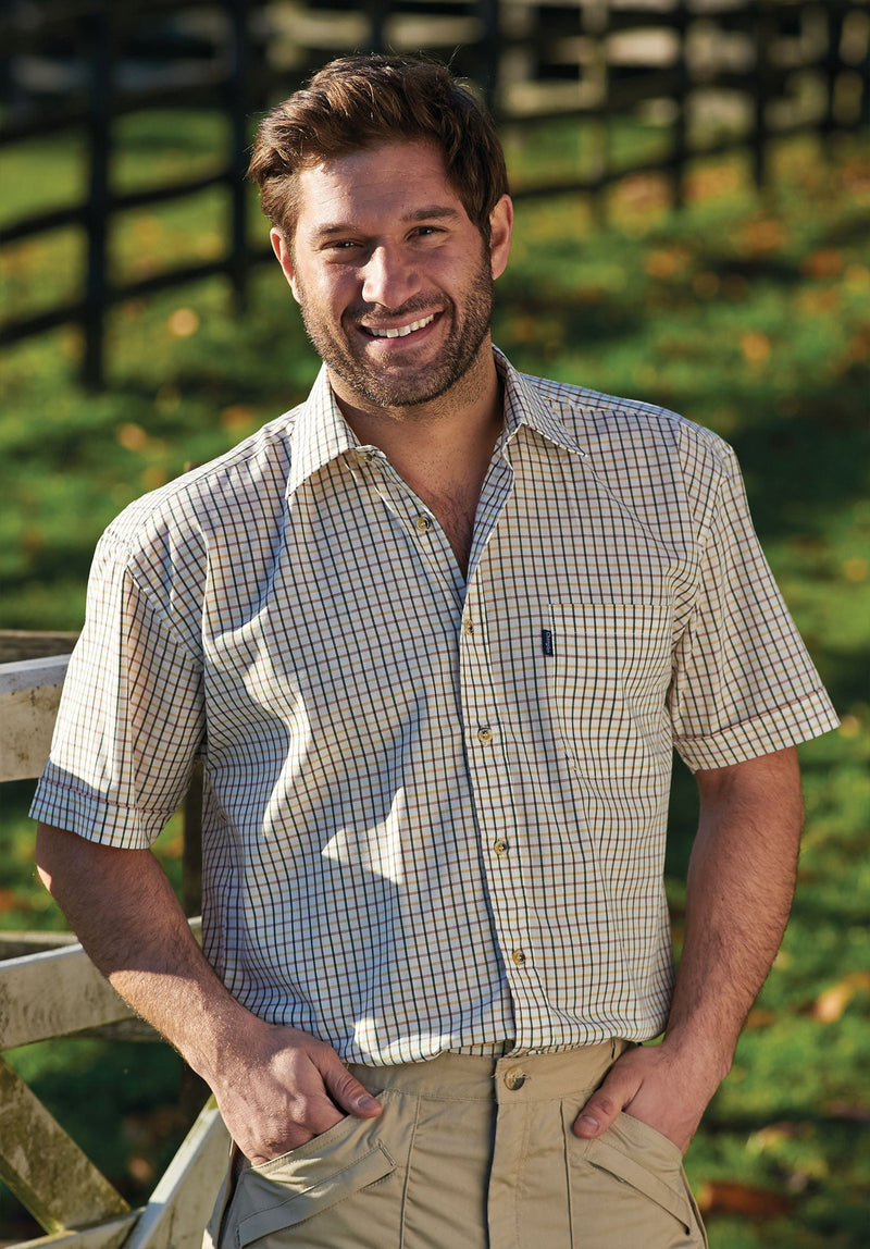 man wearing Champion summer Tattersall, the classic country tattersall check shirt with short sleeves, ideal for summer